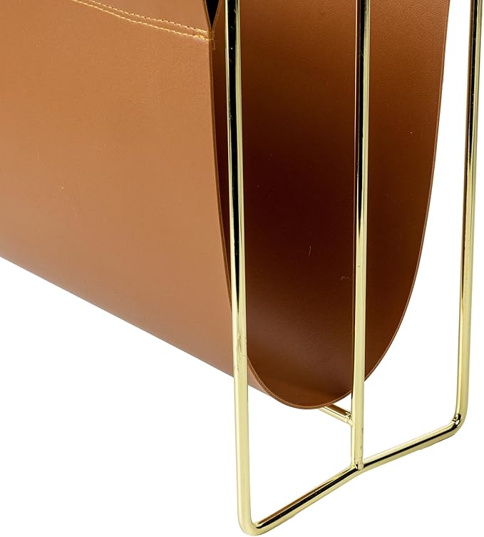 MyGift 15-Inch Modern Brown Leatherette & Brass Plated Metal Magazine Holder – Floor Standing Faux Leather Sling Style Newspaper Rack for Home, Bathroom, Office Decor-DeskLoop Office