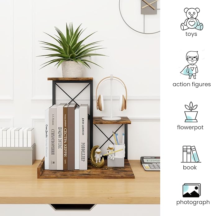 ELITEROO Desk Shelf Organizer, Wood Desktop Organizer Small Bookshelf, 3 Tier Storage Shelf Riser Display Stand for Office Decor and Desk Accessories, Rustic Brown Black-DeskLoop Office