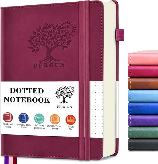 PERCUN Dotted Journal Notebook for Men & Women, 160 Pages Dot Grid notebook for Note Taking, Bullet Journaling Notebook for Work, School, Travel, Writing,A5 Hardcover 5.9" x 8.5" (Burgundy)-DeskLoop Office