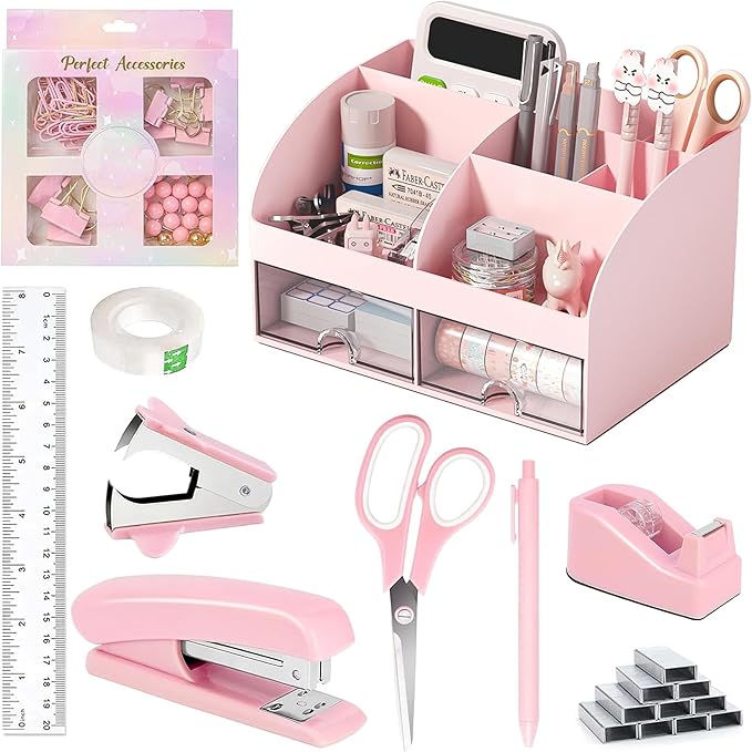 Pink Desk Accessories with Pen Holder, Pink Office Supplies Desk Organizers and Accessories for women, Tape Dispenser, Stapler, Staple Remover, Staples, Clips Set, Ruler, Scissor, Pen, Tape-DeskLoop Office