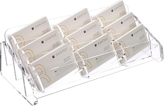 SANRUI Acrylic Business Card Holder for Desk, 3 Tier Clear Tilt Business Name Card Display Holders Stand Storage Organizer Fits 540 Business Cards (Horizontal, 9-Slot)-DeskLoop Office