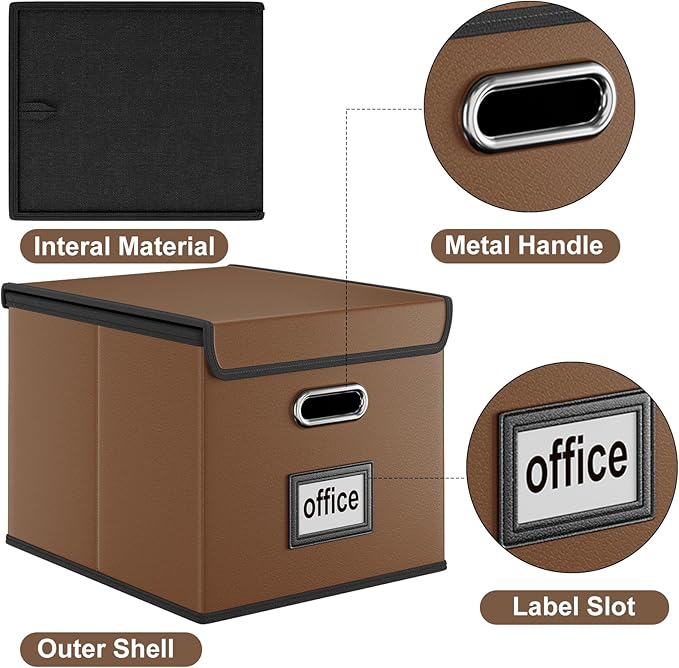 Huolewa Portable Leather File Organizer Boxes with Lids, Office Document Boxes Organizer, Filing Boxes, Decorative Small File Boxes for Hanging Files with Plastic Slide for Office/Decor/Home-DeskLoop Office