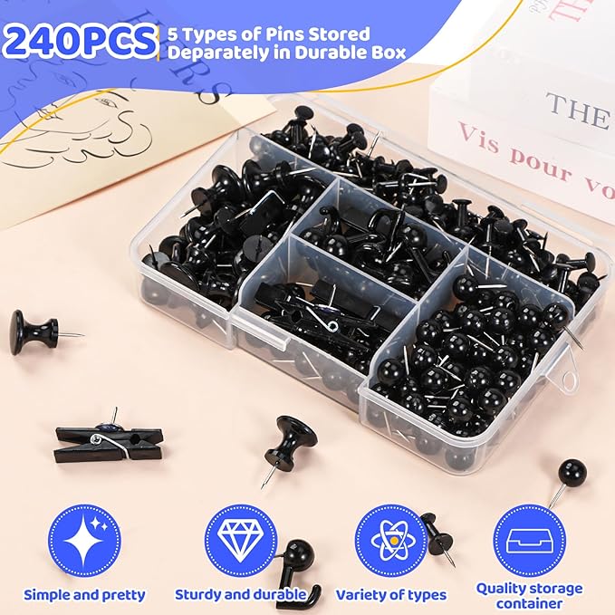 240Pcs Black Push Pins,5 Style Thumb Tacks, Black Plastic Push Pins for Bulletin Boards, Cork Board,Wall,Cork Board Accessories, Office Home Supplies-DeskLoop Office