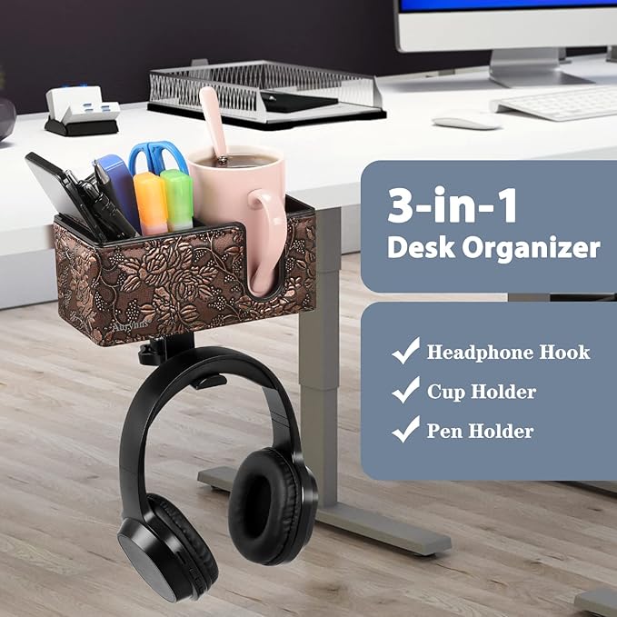Desk Cup Holder Clip on Pen Holder Headphone Hanger Headset Stand Rotatable Clamp Hook Under Desk (Golden)-DeskLoop Office