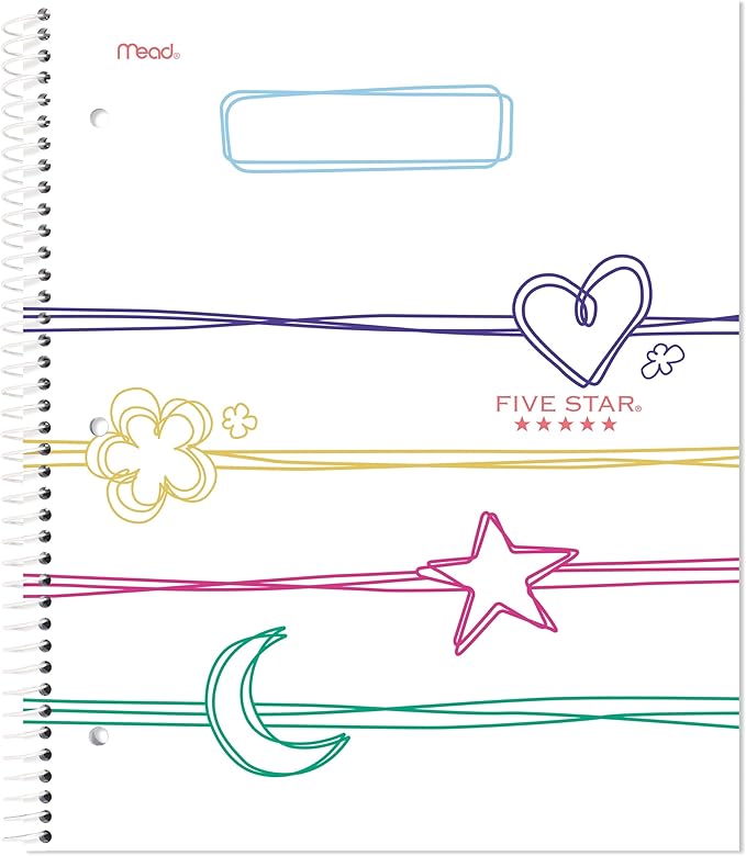 Five Star Spiral Notebook + Study App, 1 Subject, Wide Ruled, 8" x 10-1/2", 80 Sheets, Fights Ink Bleed, Water Resistant Cover, Pastel Doodles (930212F-ECM)-DeskLoop Office