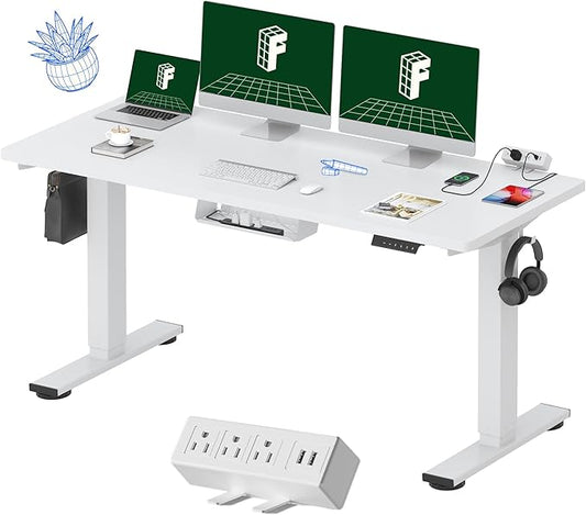 FLEXISPOT EN2 Whole-Piece Standing Desk with Clamp Power Strip, 60 x 24 Electric Stand Up Height Adjustable Desk with Cable Management (White Frame + 60" White Desktop, 2 Packages)-DeskLoop Office