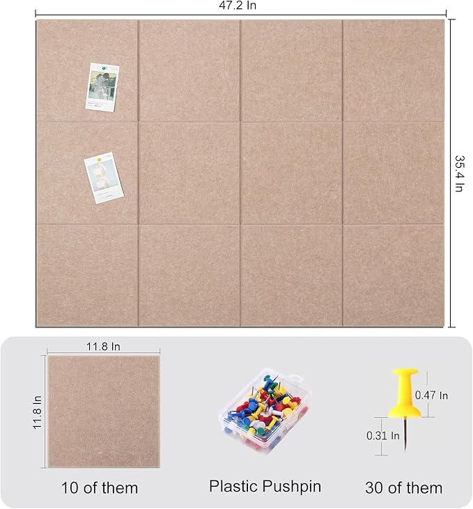 Large Cork Board for Office 48 x 36 in, Brown Bulletin Board, 12 Pack Felt Wall Tiles with Pushpins, Cork Boards for Wall Pin Board Tack Board Cork Boards-DeskLoop Office