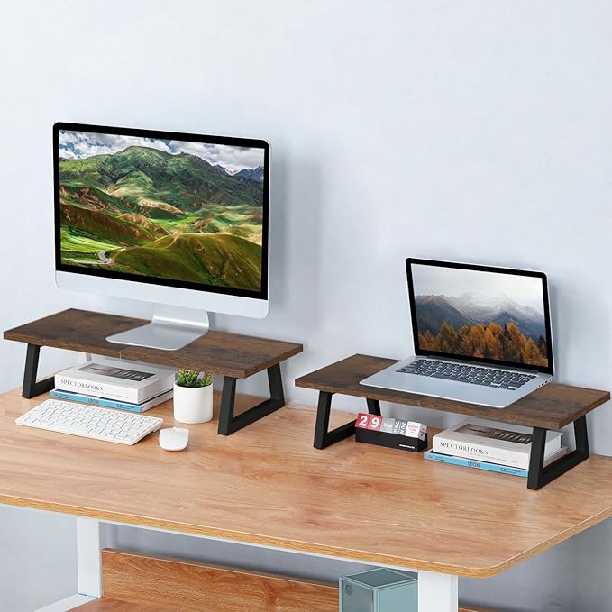 TEAMIX 24 inch Monitor Stand Riser, Rustic Brown Wood & Steel Computer Monitor Stand with Storage, Laptop, PC, Printer Stand Riser for Desktop Office Desk Organizers-DeskLoop Office