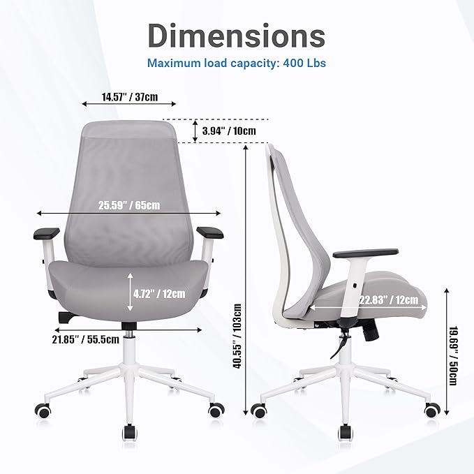 HYLONE Office Chair, 5" Thickened Seat Ergonomic Desk Chair with Adjustable Armrests, Home Office Computer Chairs for Long Hours Mesh Executive Chair(White Base&Grey)-DeskLoop Office