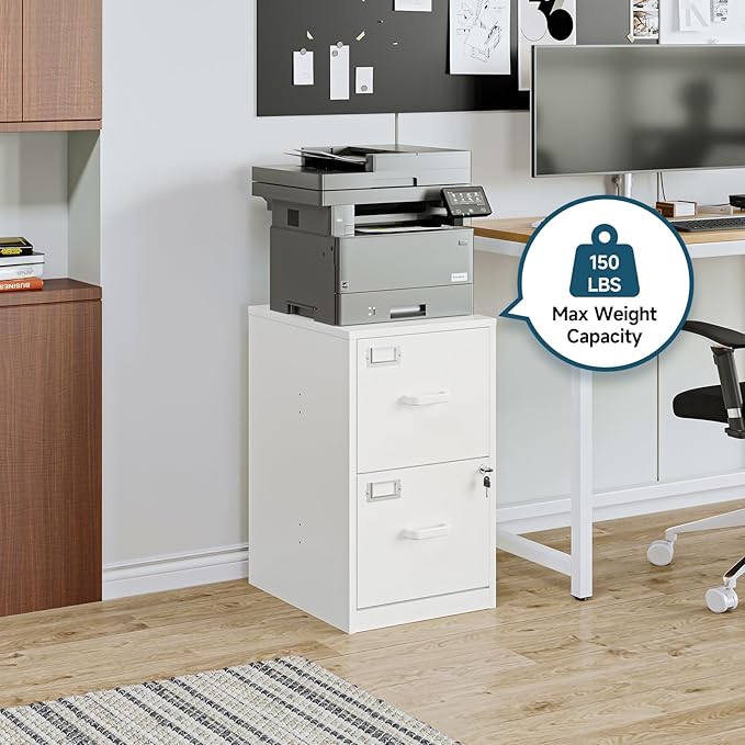 MIIIKO 2 Drawer Filing Cabinet with Lock, Metal Vertical File Cabinets for Home Office, Lockable File Storage Cabinets Under Desk, Letter/A4 File Folders Storage(White-Assembly Required