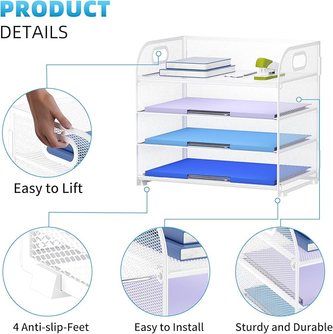 Marbrasse 4 Tier Paper Organizer Letter Tray, Mesh Desk File Organizer with Handle, Paper Sorter Organizer for Letter /A4 Office File Folder Holder(White, 12.6" x 9.1" x 10.7")