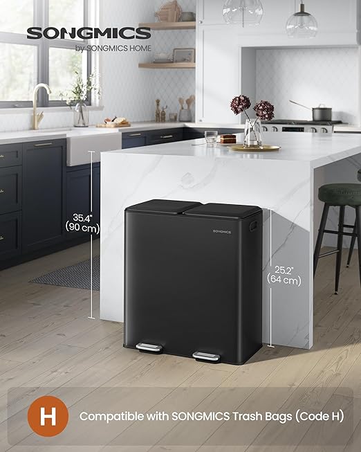 SONGMICS Trash Can, 2 x 8 Gallon (2 x 30 L) Double Garbage Can with Soft-Close Lids, Removable Inner Buckets, Pedals, Stainless Steel, for Waste and Recycling, Ink Black ULTB743B01-DeskLoop Office