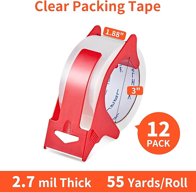 JARLINK 12 Rolls Clear Packing Tape with 2 Dispensers, Heavy Duty Packaging Tape Refills for Shipping Packaging Mailing, 2.7mil Thick, 1.88 inches Wide, 55 Yards Per Roll, 660 Total Yards-DeskLoop Office