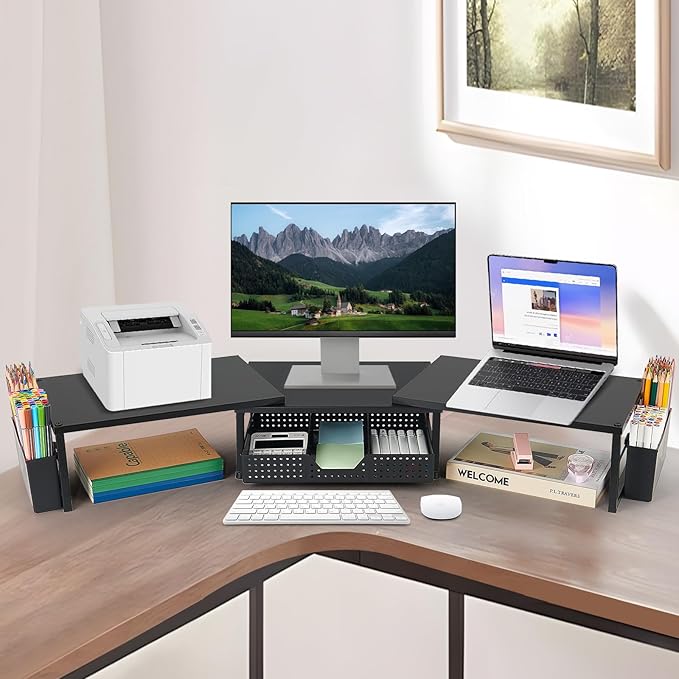 Desk Dual Monitor Stand Riser - Desk Organizer with Drawer and Pen Holders, Office Desk Accessories & Workspace Organization, Computer Monitor Stand for Laptop, Printer, TV(BLACK)-DeskLoop Office