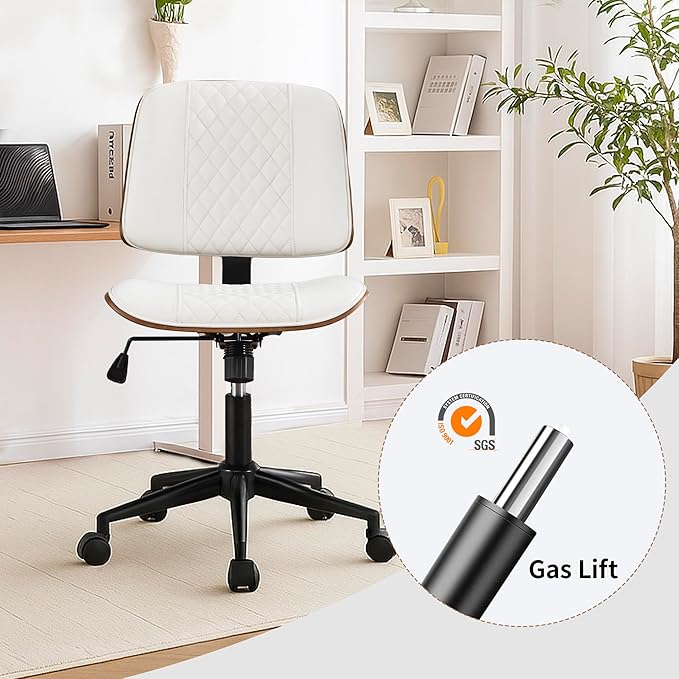 Stylish White Home Office Chair – Armless PU Leather Mid-Back Chair with Adjustable Height, Swivel Wheels, Walnut Finish for Study, Bedroom, or Dorm Room-DeskLoop Office
