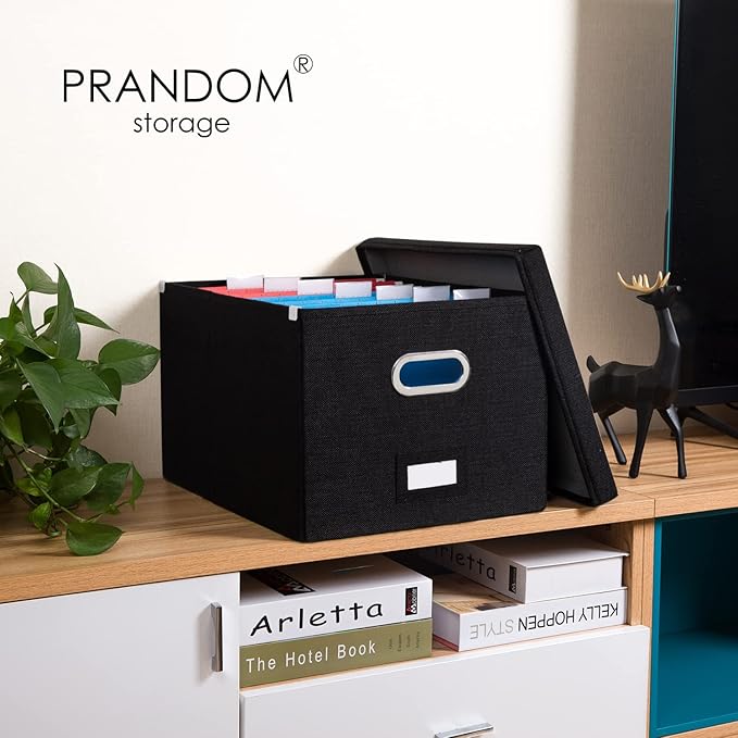 PRANDOM File Organizer Box - Set of 2 Collapsible Decorative Linen Filing Storage Hanging File Folders with Lids Office Cabinet Letter/Legal Size Black (17x14x11.2 inch)-DeskLoop Office