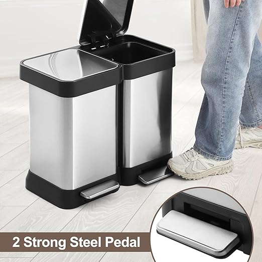13 Gallon Dual Compartment Trash Can, 2 x 25L Fingerprint Resistant Stainless Steel Kitchen Garbage Can with 2 Soft-Close Lid & Foot Pedal for Kitchen Office Bathroom, Without Inner Bucke-DeskLoop Office