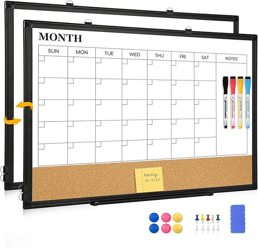 Dry Erase Calendar Board for Wall, 24"x18" Magnetic Whiteboard Calendar Double-Sided Monthly White Board with Cork Board, Black Aluminum Frame Memo Message Board for Office, Home, School-DeskLoop Office