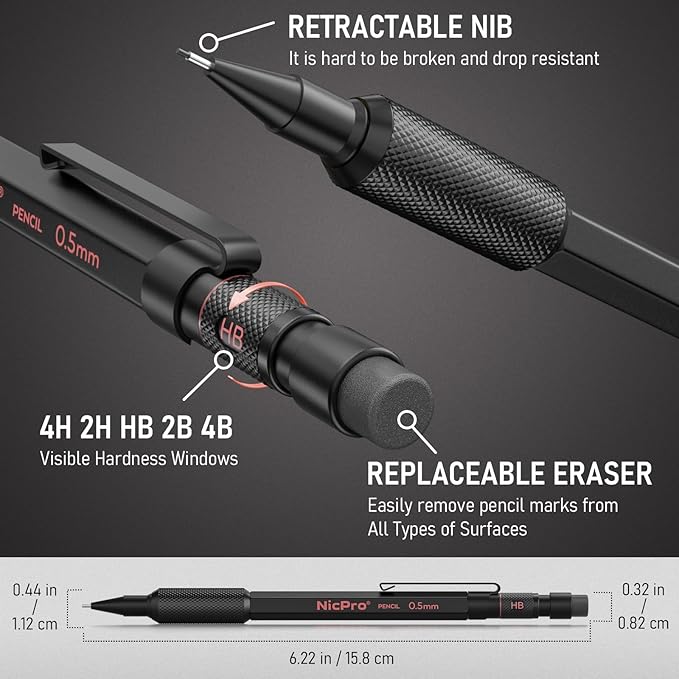Nicpro Metal Mechanical Pencil Set, 3PCS Art Drafting Pencil 0.5, 0.7, 0.9MM & 2PCS 2MM Mechanical Drawing Pencils with 126 Lead(4B 2B HB 2H 4H Color) Weatherproof Barrel for Writing Sketching Drawing-DeskLoop Office