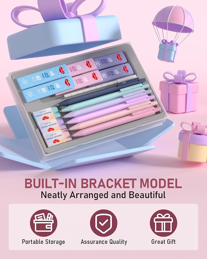 6PCS 0.5mm Mechanical Pencils Set with Case, Cute Pastel Mechanical Pencil with 240PCS HB Lead Refills, 3 Erasers, Aesthetic Back to School Supplies for Student Writing Drawing Sketching