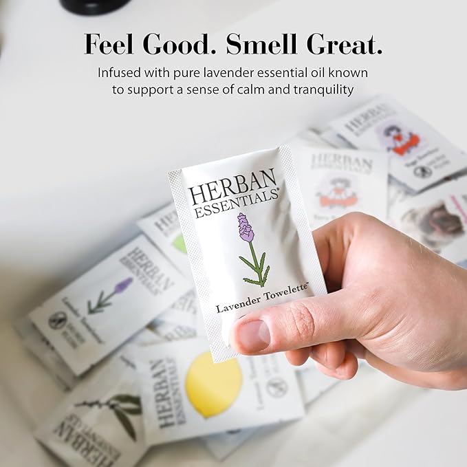 Herban Essentials - Lavender Wipes & Towelettes - Essential Oil Wipes for Make Up, Hands, Face & Body - Travel Size Essentials and Toiletries - Natural, Individually Wrapped and Disposable (20 count)-DeskLoop Office