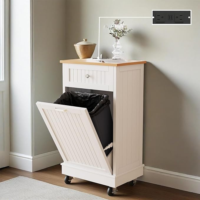 10 Gallon Tilt Out Trash Cabinet, Wooden Kitchen Trash Can Cabinet with Hideaway Drawer, Freestanding Laundry Hamper Garbage Recycling Cabinet on Wheels, Pet Proof, Single, White-DeskLoop Office