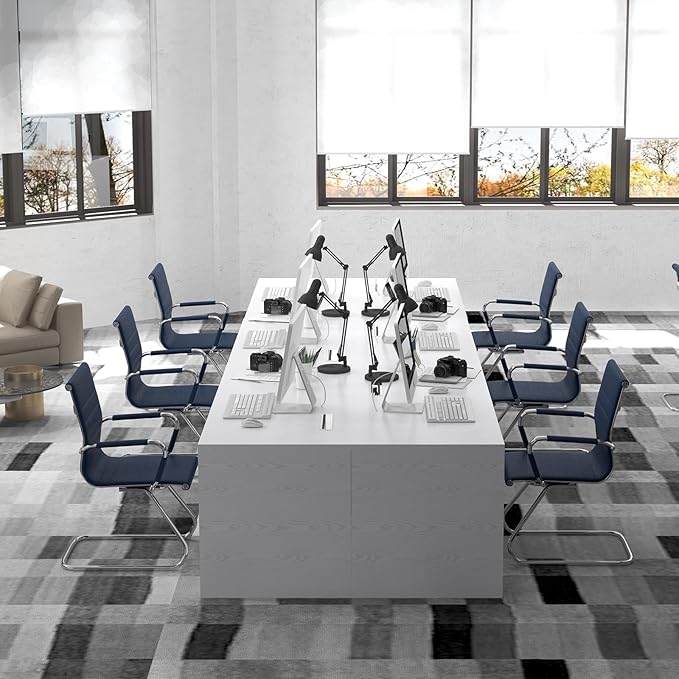 Office Desk Chair No Wheels Set of 4 PU Leather Computer Chairs Mid Back Guest Chairs for School Reception Conference Waiting Room, Navy Blue-DeskLoop Office