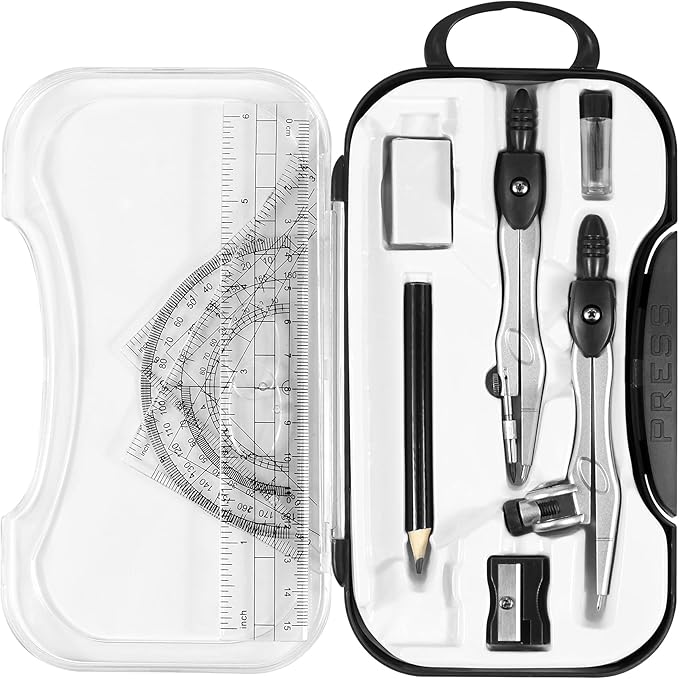 10 Pieces Math Geometry Kit Set Student Supplies with Shatterproof Storage Box,Includes Rulers,Protractor,Compass,Eraser,Pencil Sharpener,Lead Refills,Pencil,for School and Drawings(Black)-DeskLoop Office