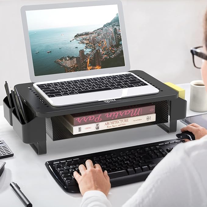 WALI Monitor Stand with Storage, Monitor Riser with Ventilation Drawer and Side Storage, Laptop Stand Riser for Desk, Printer Stands, (STT007), Black-DeskLoop Office