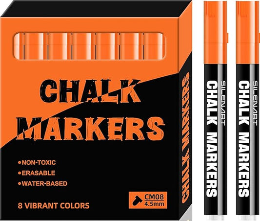 SILENART Chalk Markers - Vibrant 8 Pack - Dry Erase Markers Pen - Liquid Chalk Markers for Blackboard Chalk Board Windows Glass Acrylic Calendar Board - Erasable Chalk Marker (Orange)-DeskLoop Office