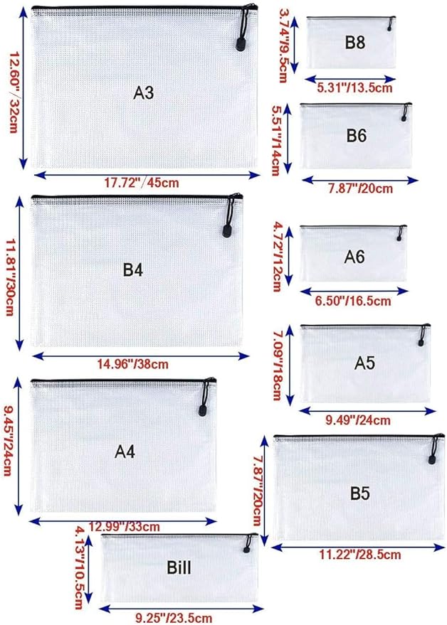 Oaimyy-A6(4.5"x 6.5",12 Pcs),Plastic Mesh Zipper Pouch Document Folders Bag Zip File Folders for School Office Supplies, Travel,Puzzles Games Organizing Storage-Black-DeskLoop Office