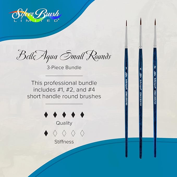 Silver Brush Limited BA-2758S BelleAqua Smaller Size Round Brushes, 3pc Round Watercolor Brush Set, Professional Soft Synthetic Red Sable Paint Brush Set Also for Gouache, Sizes 1, 2, & 4-DeskLoop Office