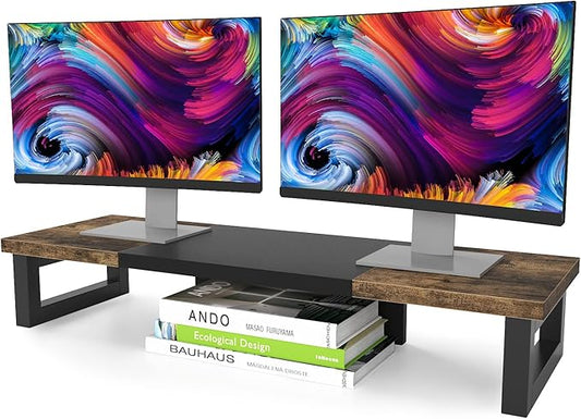 WESTREE Dual Monitor Stand Riser, Wood and Steel Monitor Stand Riser, Computer Monitor Stand for 2 Monitors, Multi-Purpose Desktop Storage Stand for Computer,Laptop,Printer,TV-DeskLoop Office