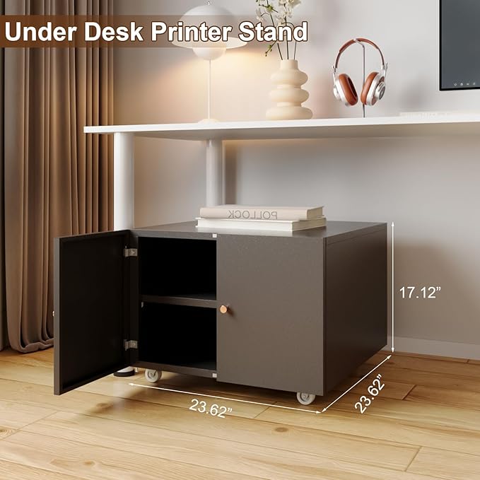 Small Space Printer Stand with Doors, Mini Fridge Stand for Laundry, 3D Printer Stand with Storage, Low Printer Table, Modern Under Desk for Home Office, Small Carts for Scanner, Fax-DeskLoop Office