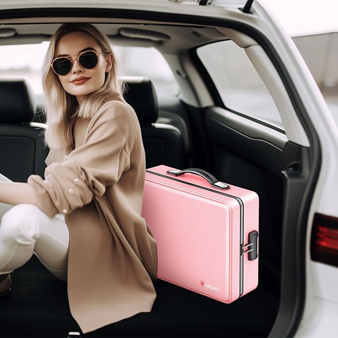 Fireproof Document Box with Fireproof Zipper, Hard Inner Shell Fireproof Document Bag with Lock, Fireproof Water Resistant Important Document Organizer 16 inch Laptop File Briefcase (Pink)-DeskLoop Office