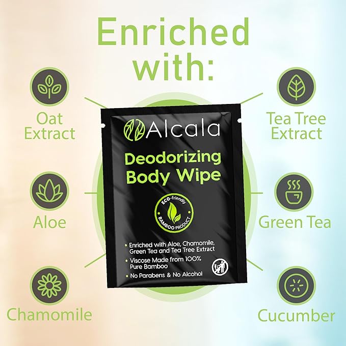 Alcala Deodorizing Body Wipes Individual Shower Wipes 100% Pure Biodegradable Bamboo Wet Wipes with Aloe Tea Tree Adult Body Wipes for Women & Men Ideal for Camping Hiking, Hospitals & Gym (330 Pack)-DeskLoop Office