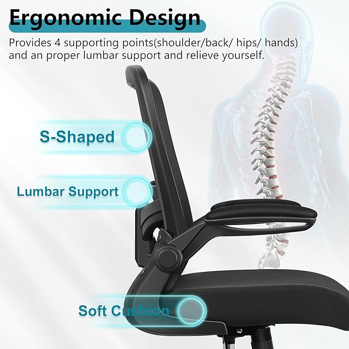 FelixKing Office Chair, Ergonomic Desk Chair Breathable Mesh Chairs with Adjustable High Back Lumbar Support Flip-up Armrests, Executive Swivel Comfy Task Computer Chairs for Home Office Black-DeskLoop Office