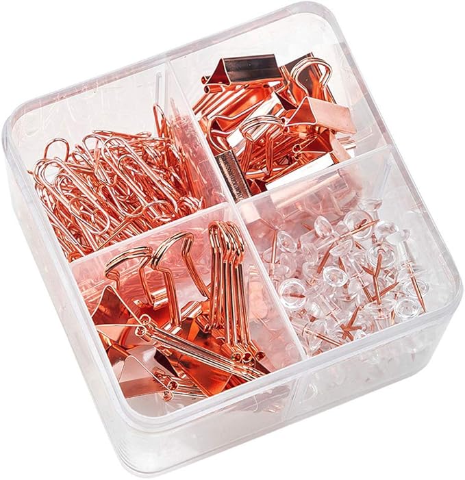 Paper Clips and Binder Clips Set, Metal Assorted Sized Binders with Push Pins, Cute Office Supplies for Desk, Desk Accessories (Square-Rose-Gold)-DeskLoop Office