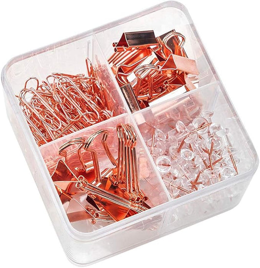 Paper Clips and Binder Clips Set, Metal Assorted Sized Binders with Push Pins, Cute Office Supplies for Desk, Desk Accessories (Square-Rose-Gold)-DeskLoop Office