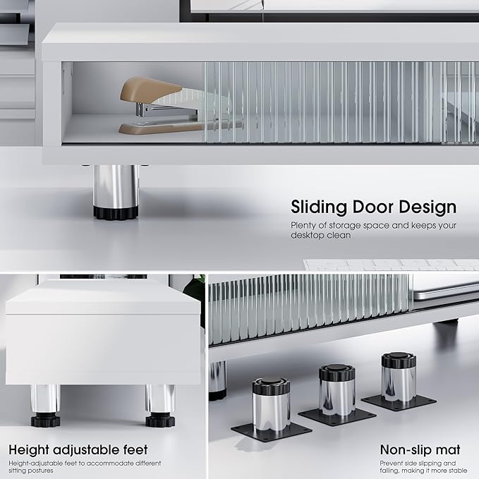 Fenge Dual Monitor Stand, 42.5inch Long Monitor Stands Riser for 2 Monitors, Sliding Door with Storage Organizer Stand for Desk, 2 Tier Desk Shelf for Laptop, Pc, Printer, Computer, TV-DeskLoop Office