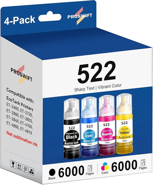 522 High Capacity Ink Refill Bottle Combo Pack Compatible for Epson 522 Ink Works with EcoTank ET-2400, ET-2720, ET-2800, ET-2803, ET-2840, ET-4700, ET-4800, ET-4810 Printer (4 Pack,70ML)-DeskLoop Office