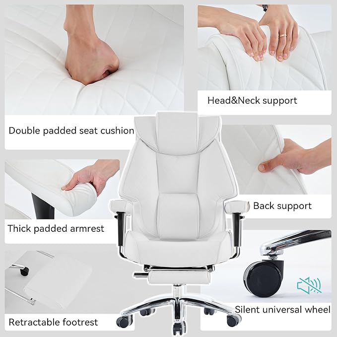 Big and Tall Office Chair with Footrest, PU Leather High Back Executive Office Chair 400lbs, Ergonomic Computer Chairs Lumbar Support for Heavy People (White)-DeskLoop Office