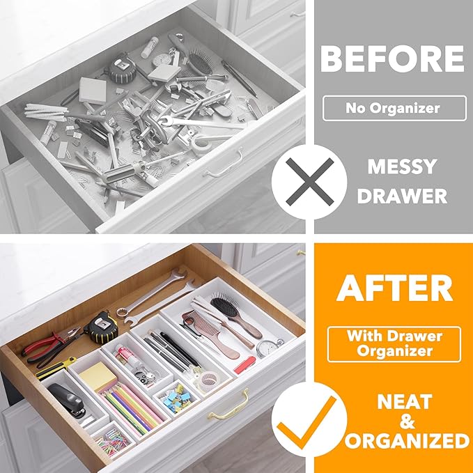 SpaceAid 7-Piece Bamboo Drawer Organizer Storage Boxes Set, Wood Tray Junk Drawer Organizers Multi-Use Divider Bins for Kitchen, Bathroom, Office Desk and Makeup Organization (7 Pack, White)-DeskLoop Office