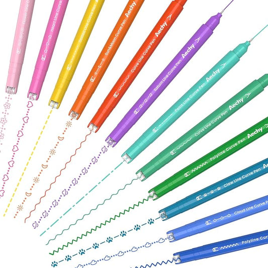 AECHY 12PCS Colored Curve Pens for Note Taking, Dual Tip Pens with 10 Different Curve Shapes & 12 Colors Fine Lines, Curve Highlighter Pen Set for Kids Journaling Note Taking Supplies-DeskLoop Office