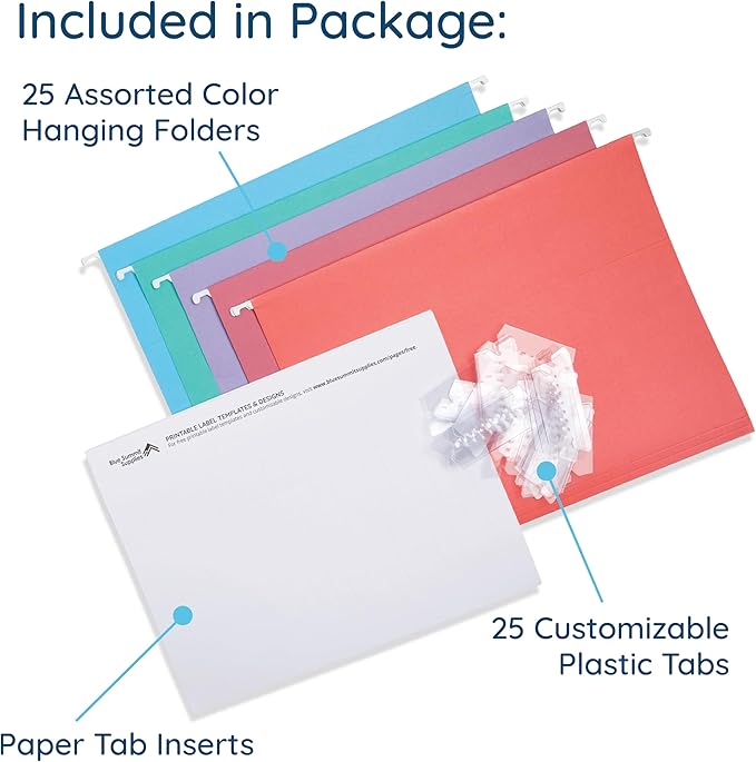 25 Blue Summit Supplies Pretty Hanging File Folders, Pastel Gem Tone Assorted Colors, Cute Hanging File Folders with Plastic Tab Inserts, Holds Letter Size Documents-DeskLoop Office