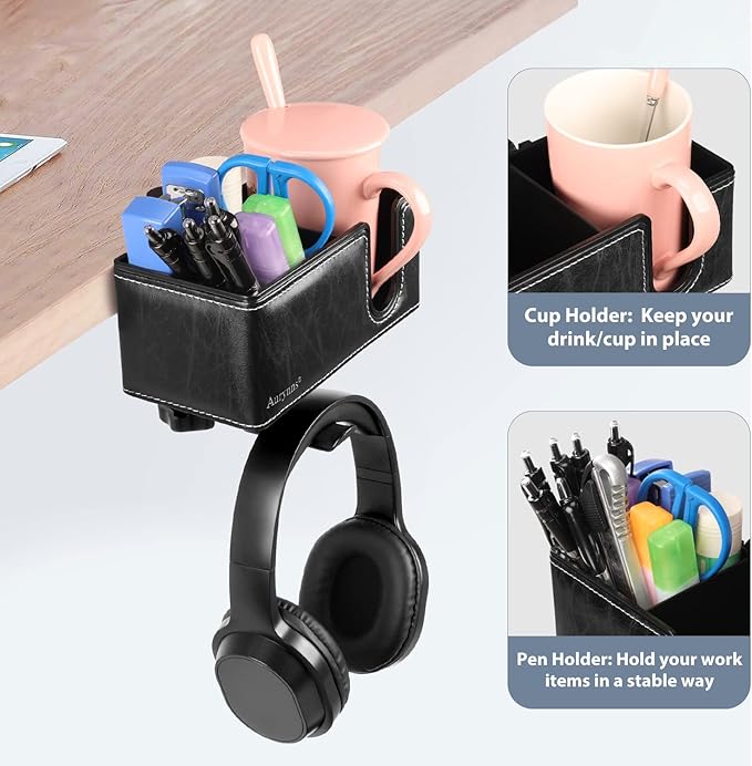 Desk Cup Holder Clip on Pen Holder Headphone Hanger Headset Stand Rotatable Clamp Hook Under Desk (Black)-DeskLoop Office