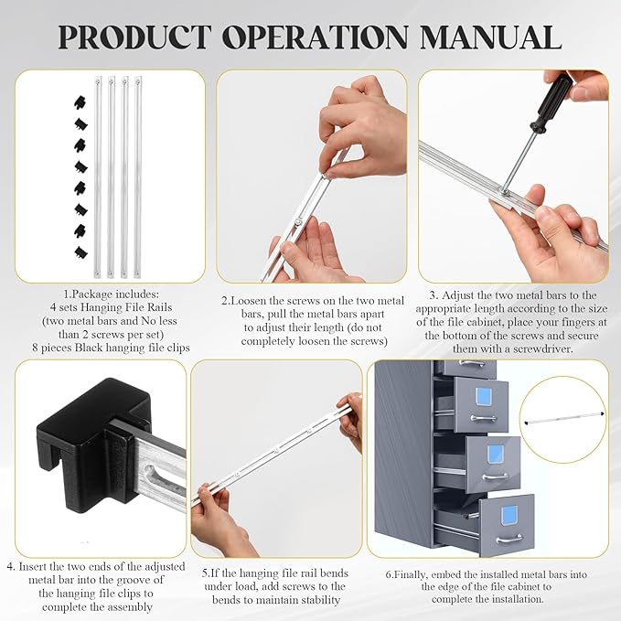 12 Pcs Metal Adjustable File Cabinet Rails Set Include 8 Hanging File Rail Clips 4 Cabinet Dividers Bars Suitable for Cabinets with Drawer Thickness Less Than 1/8 Inch(Silver,10-18 Inch)-DeskLoop Office