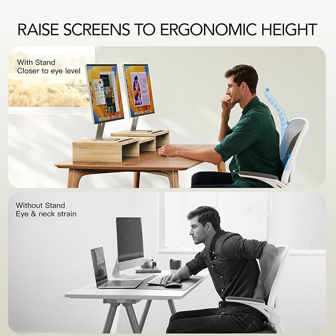 AMERIERGO Dual Monitor Stand Riser- 3 Shelf Screen Stand with Adjustable Length and Angle, 2 Extra Functional Slot Desktop Organizer Stand for PC, Computer, Laptop (Light Wood)-DeskLoop Office