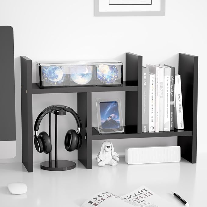 Jerry & Maggie Desktop Organizer Office Storage Rack Adjustable Wood Display Shelf Free Style Double H, Multi-Functional Mini Bookshelf for Desk Natural Stand (Black)-DeskLoop Office