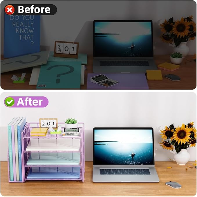 Marbrasse Desk Organizer and Accessories,4-Tier Paper Letter Tray Organizer with File Holder,Desk Accessories & Workspace Desktop Organizers for School Home Office Supplies (Purple)